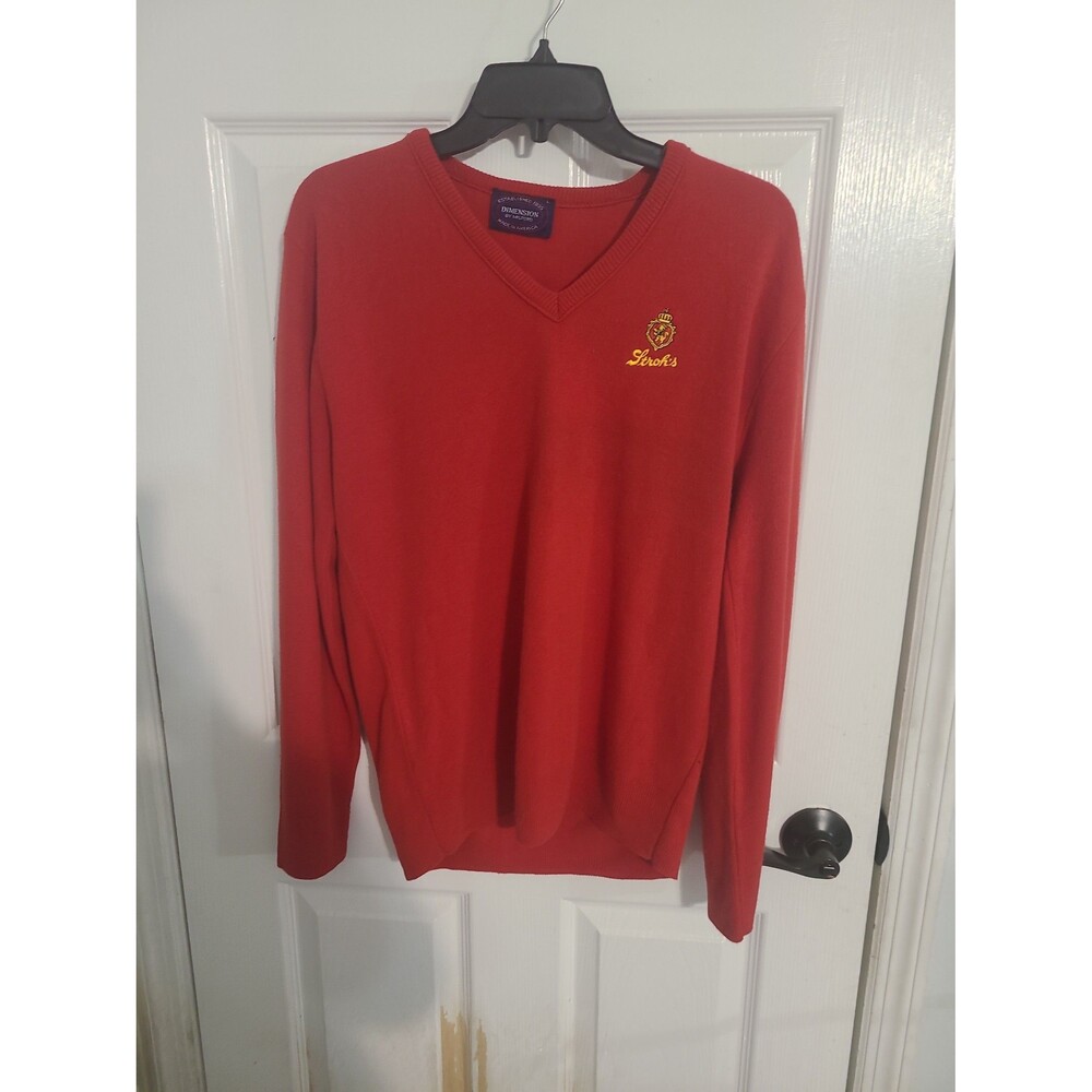 Vintage Stroh's Beer Red V Neck Sweater Embroidered Crest Dimension by Milford L